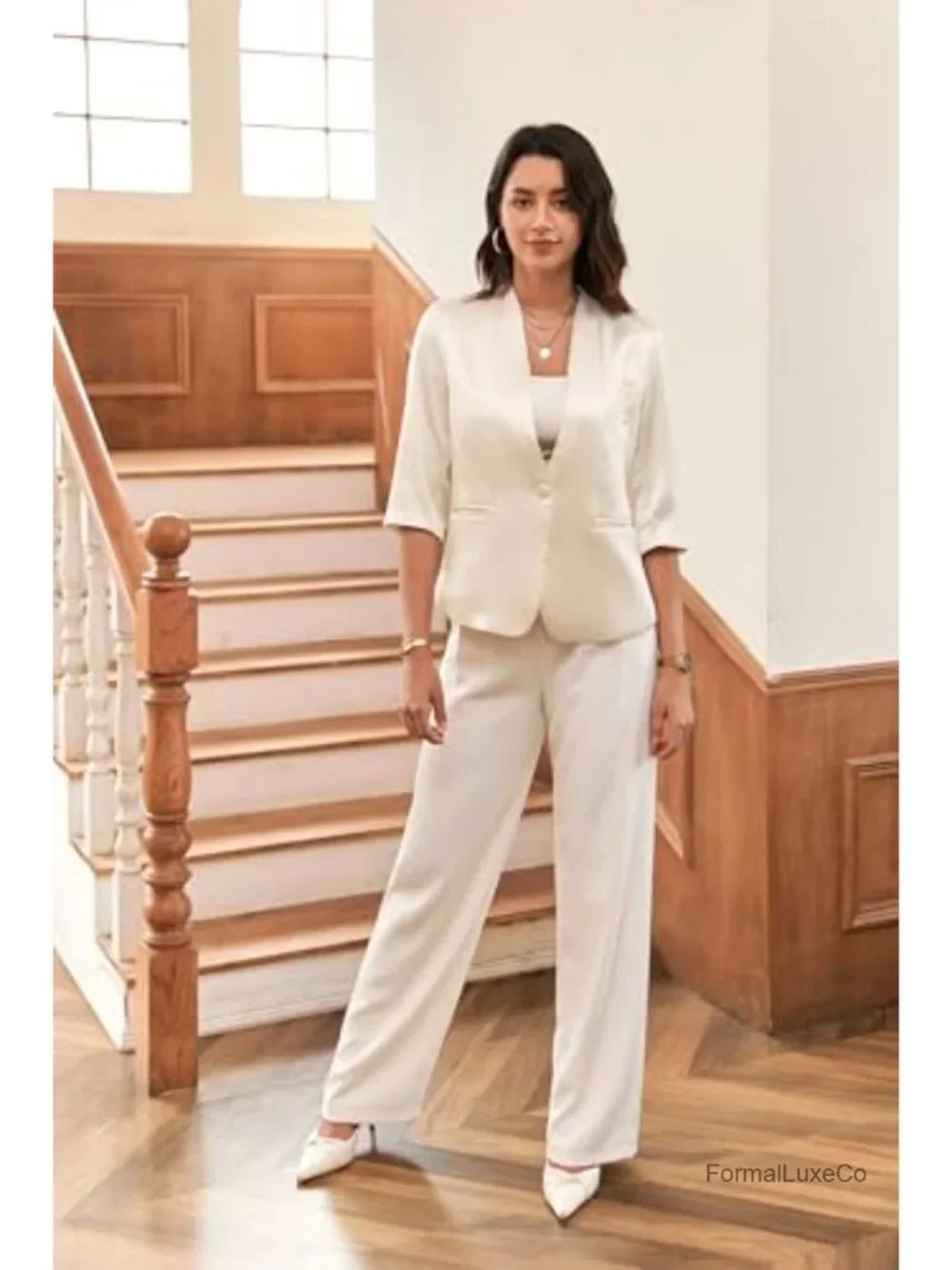 Silk Satin Blazer with 3/4 Sleeves, Pockets, Padded Shoulders - Work Suit Jacket
